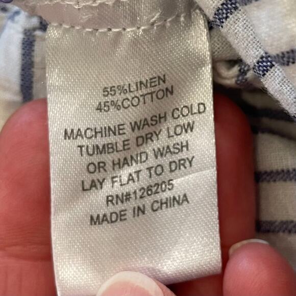 Blue & White Stripe Linen Blend Long Sleeve Roll-Tab Button Down Shirt, Size S - Picture 8 of 12